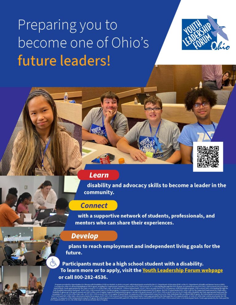 Youth Leadership Forum Ohio Logo. Text: "Preparing high school students with disabilities to become Ohio's future leaders!” A collage of photos of past participants