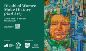 A green graphic that has a photo of art on the right side. The left side shows the title 