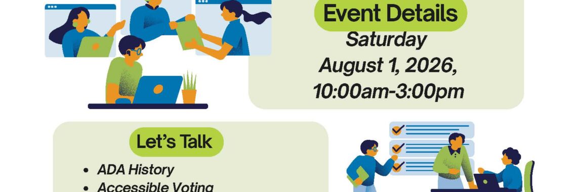 Colorful flyer promoting YAC Virtual Advocacy Day in celebration of the Americans with Disabilities Act (ADA). The flyer features illustrations of people collaborating in virtual meetings, assembling puzzle pieces, and working together. Event details list Saturday, August 1, 2026, from 10:00 a.m. to 3:00 p.m. Topics include ADA History, Accessible Voting, Medicaid Updates, and Housing Accessibility. Registration is available by emailing ashaw@sil-oh.org. For more information, contact April Shaw at ashaw@sil-oh.org or (216) 389-2356. The flyer uses blue, green, orange, and white colors with accessible, easy-to-read headings and graphics that emphasize collaboration, advocacy, and inclusion.